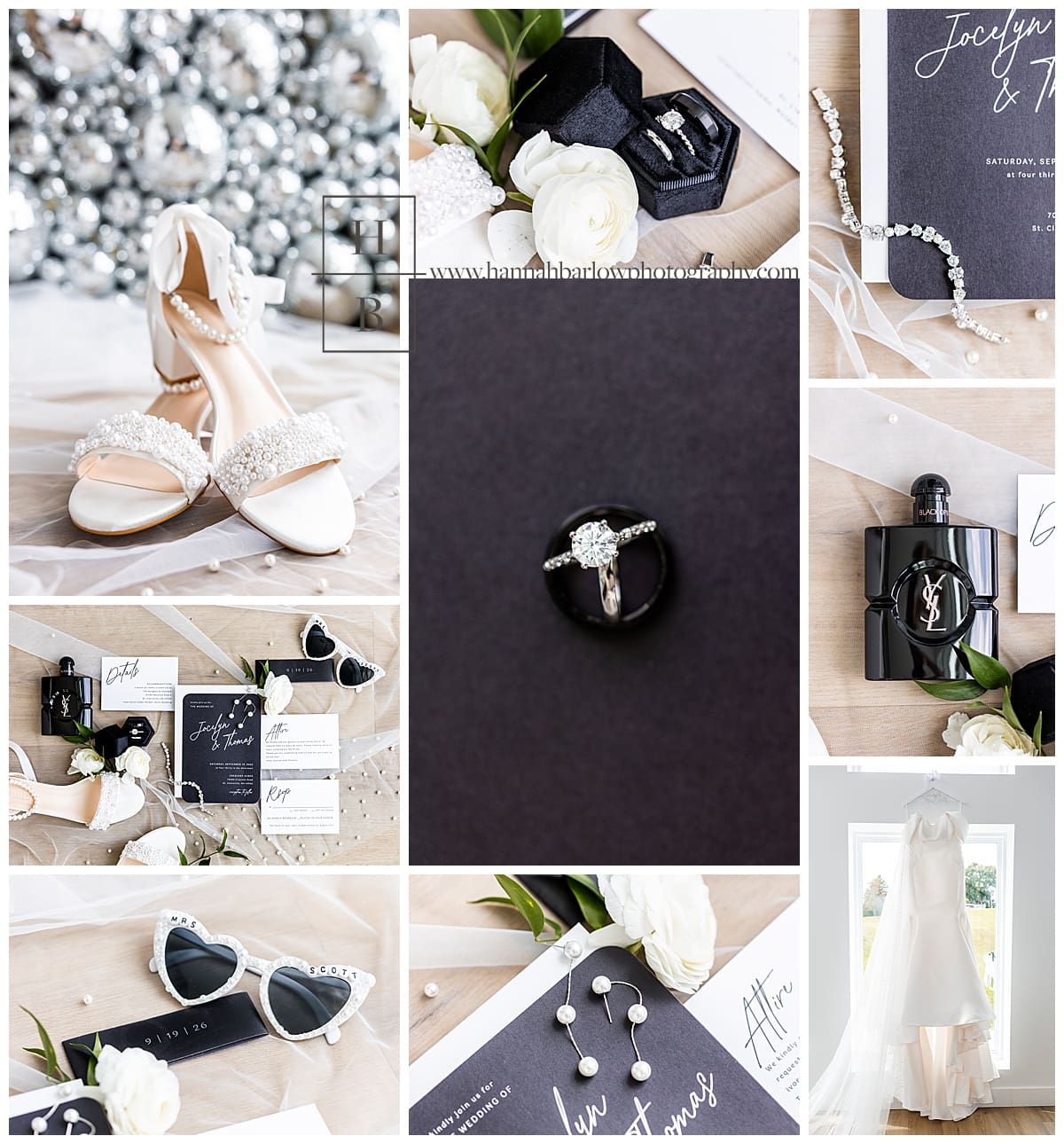 black and white wedding details and lay flats