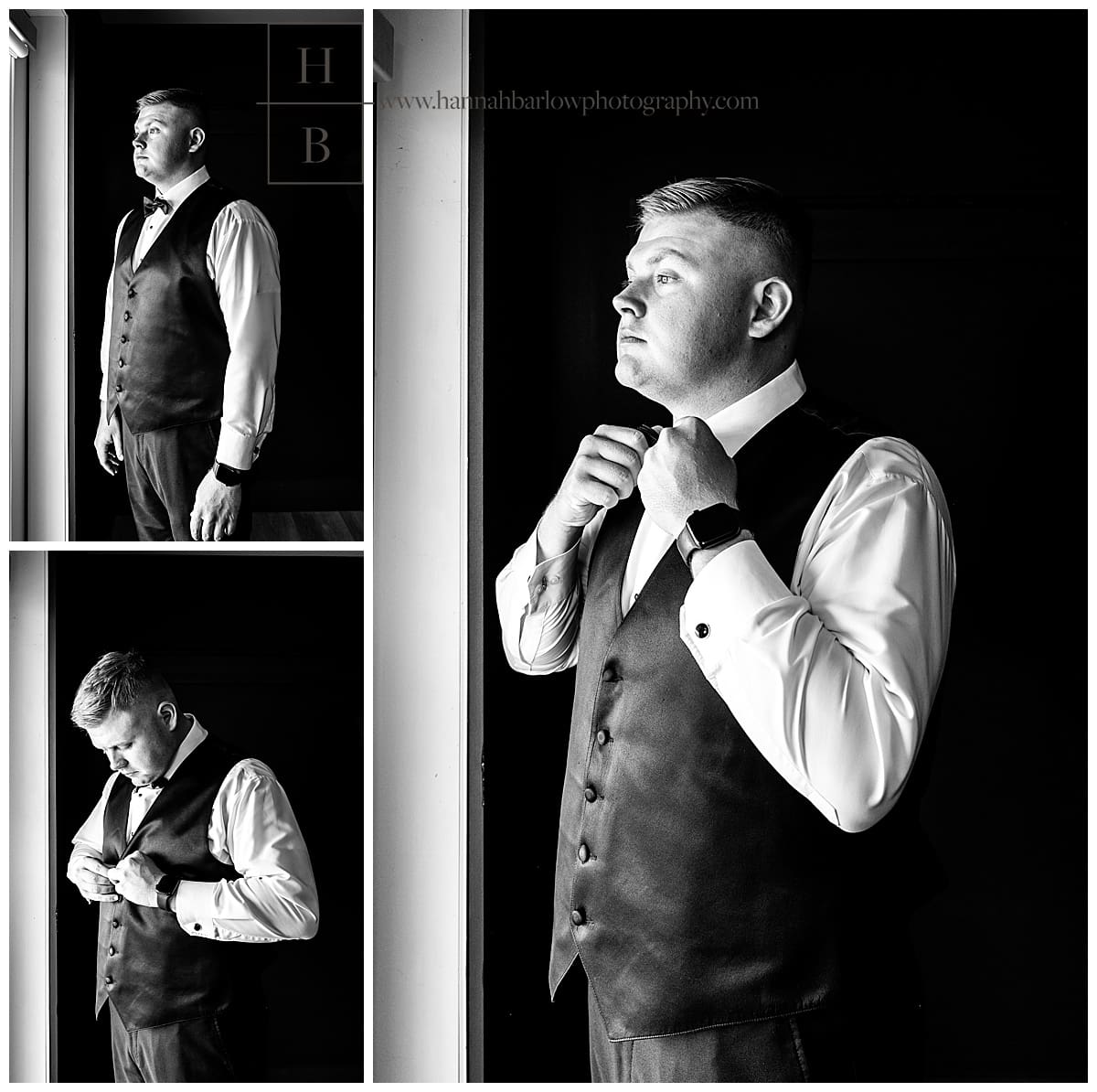 black and white photos of groom getting ready at crescent acres in st Clairsville Ohio