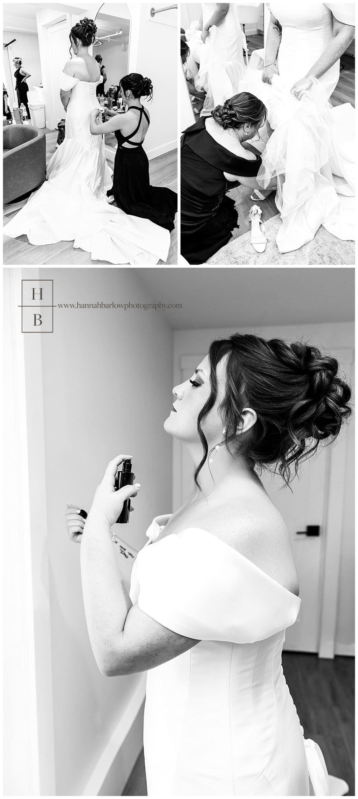 black and white photos of bride getting ready at crescent acres in st Clairsville Ohio