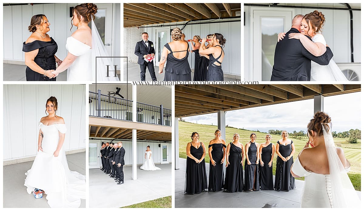 first look wedding moments with groom and bride and bridal party and parents
