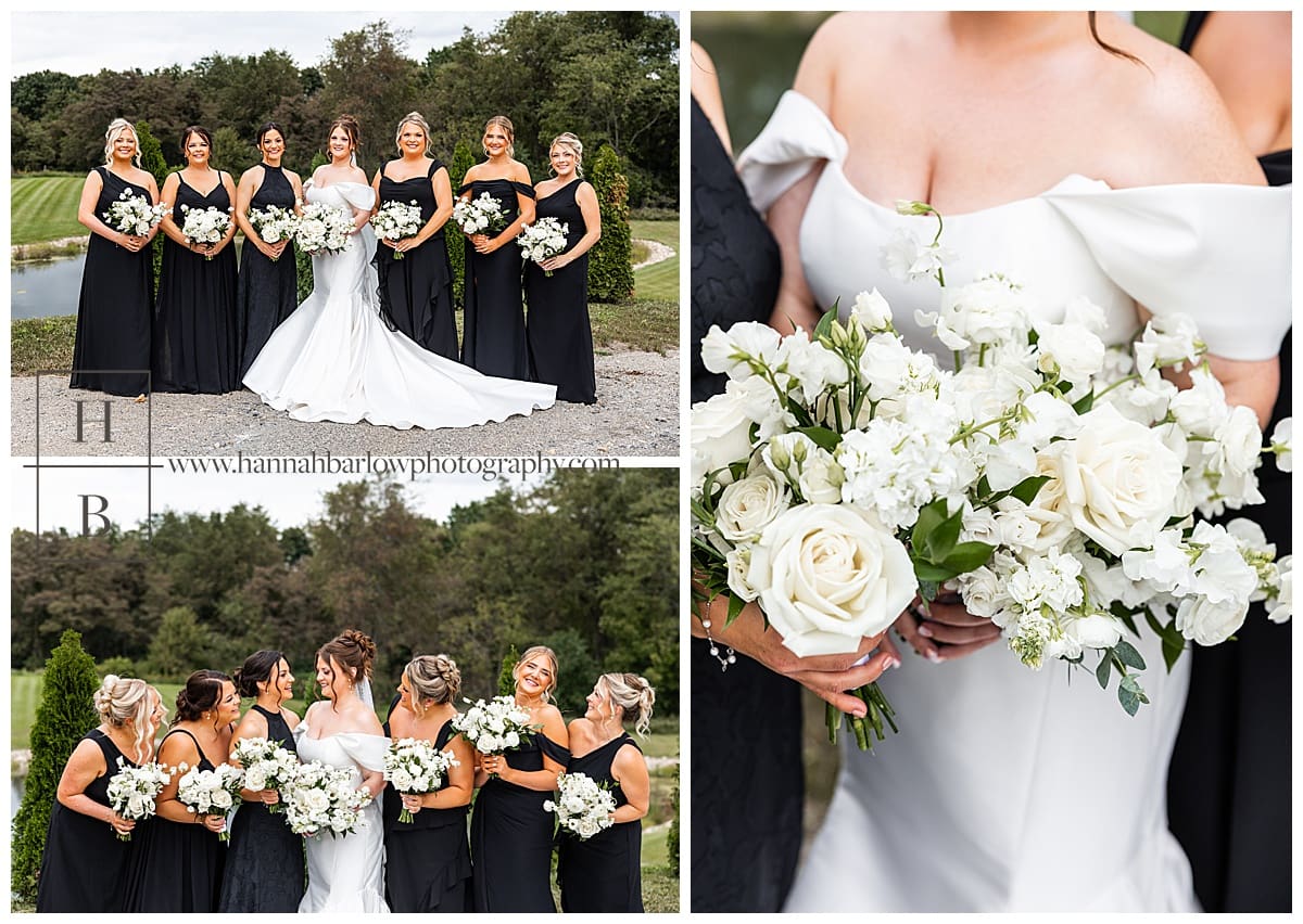bridesmaids in black dresses pose with bride