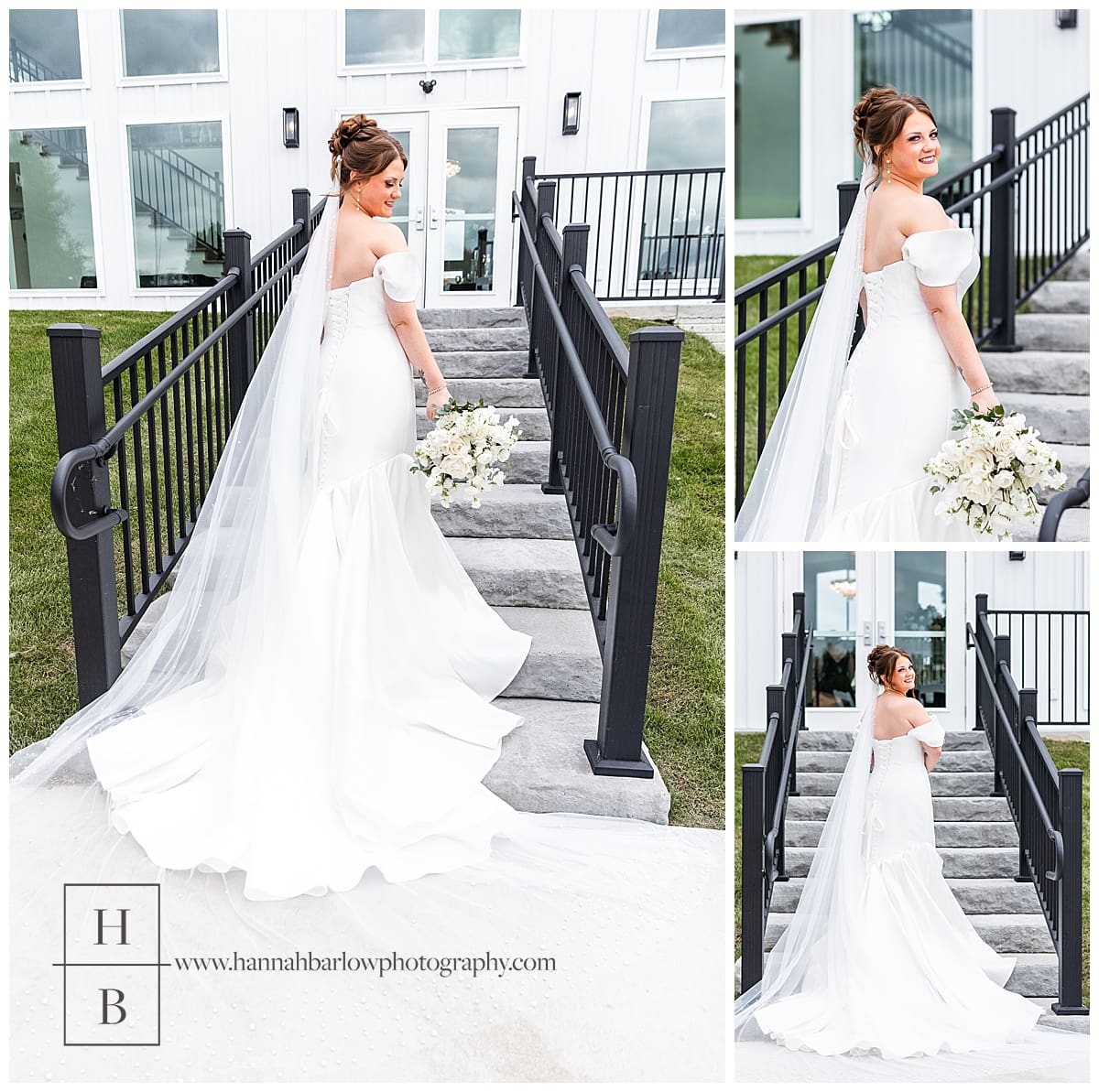 bride poses on stairs at crescent acres in st Clairsville Ohio