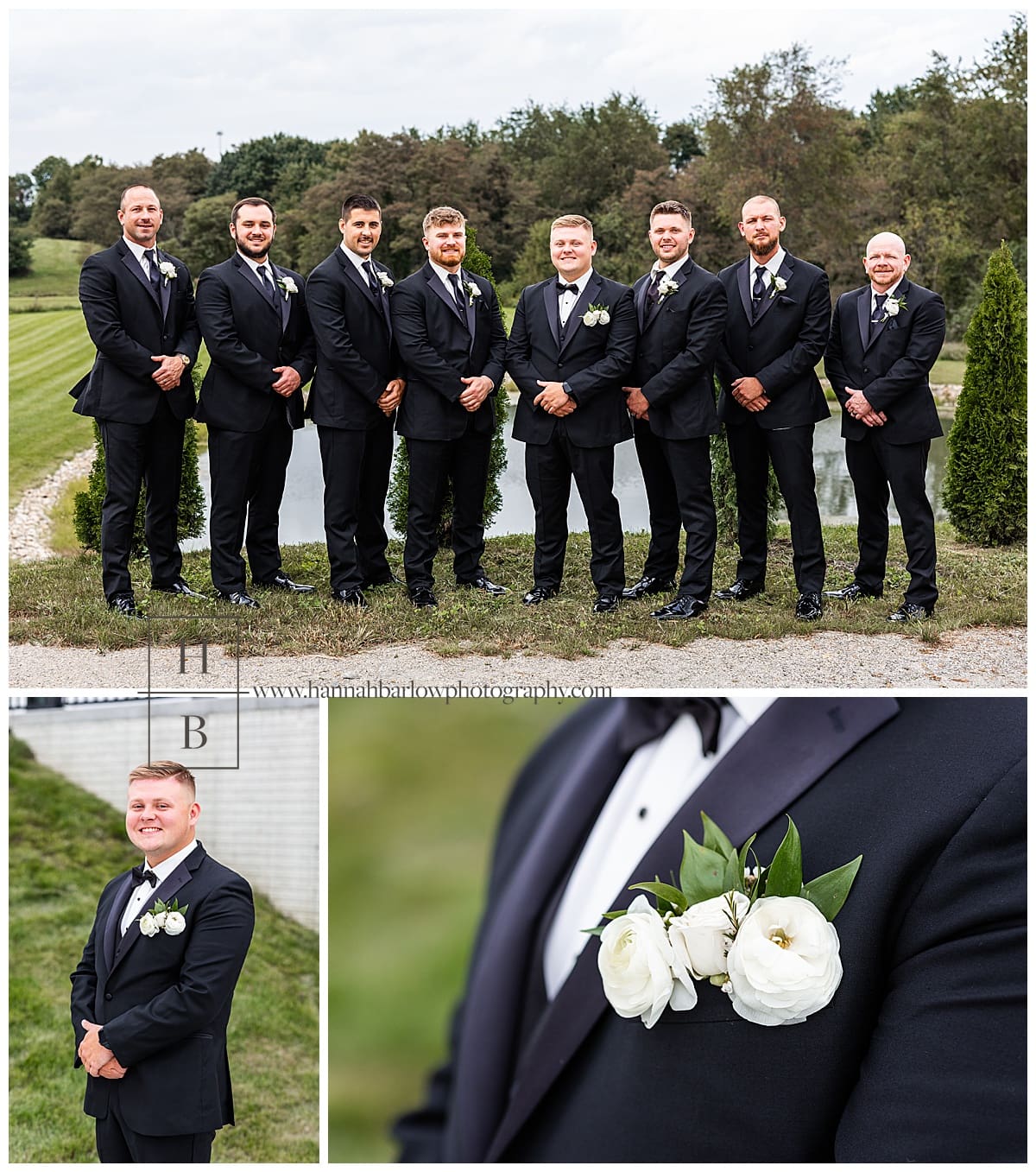 groom and groomsmen in black tuxes pose for photos