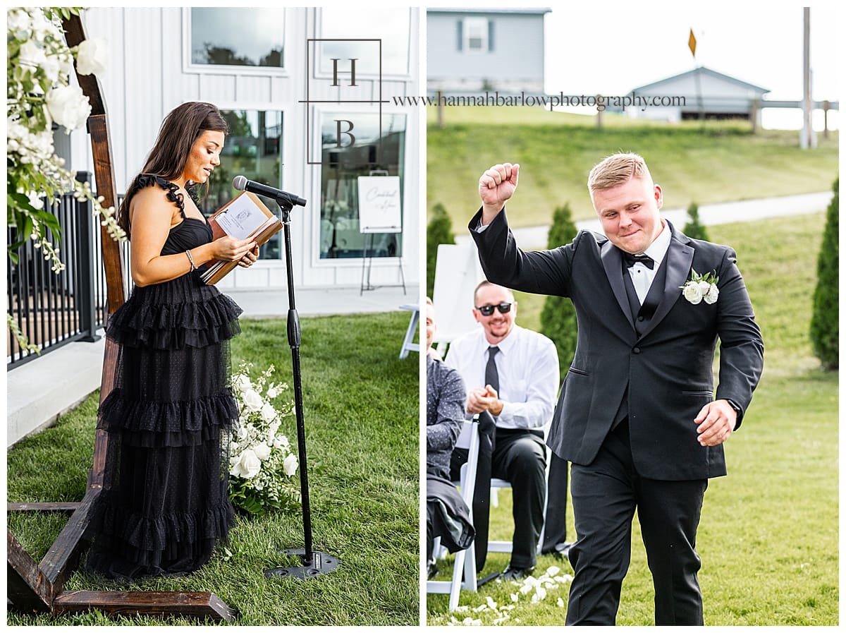 groom walks down aisle at crescent acres in st Clairsville Ohio holding hand up to cheer