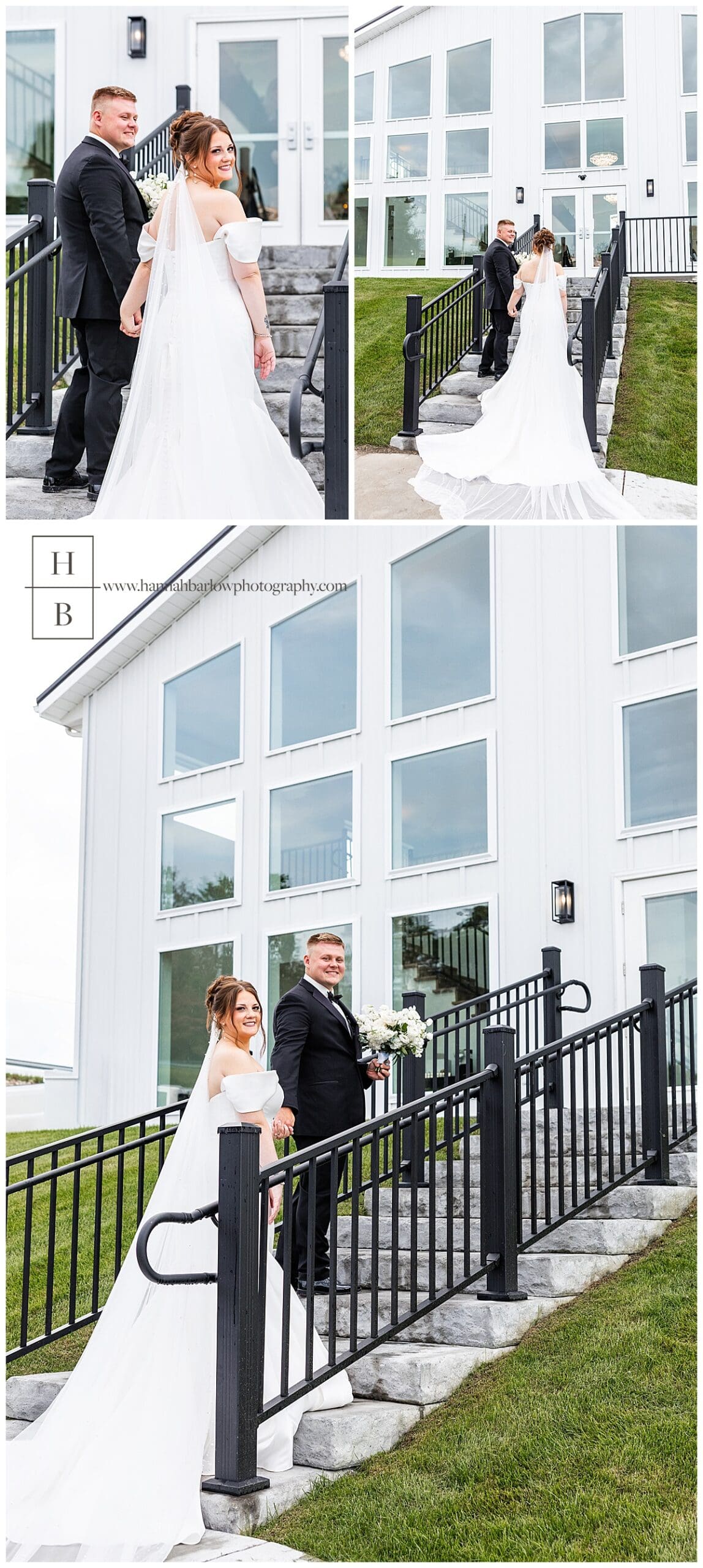 bride and groom walk up steps at crescent acres in st Clairsville Ohio for photo