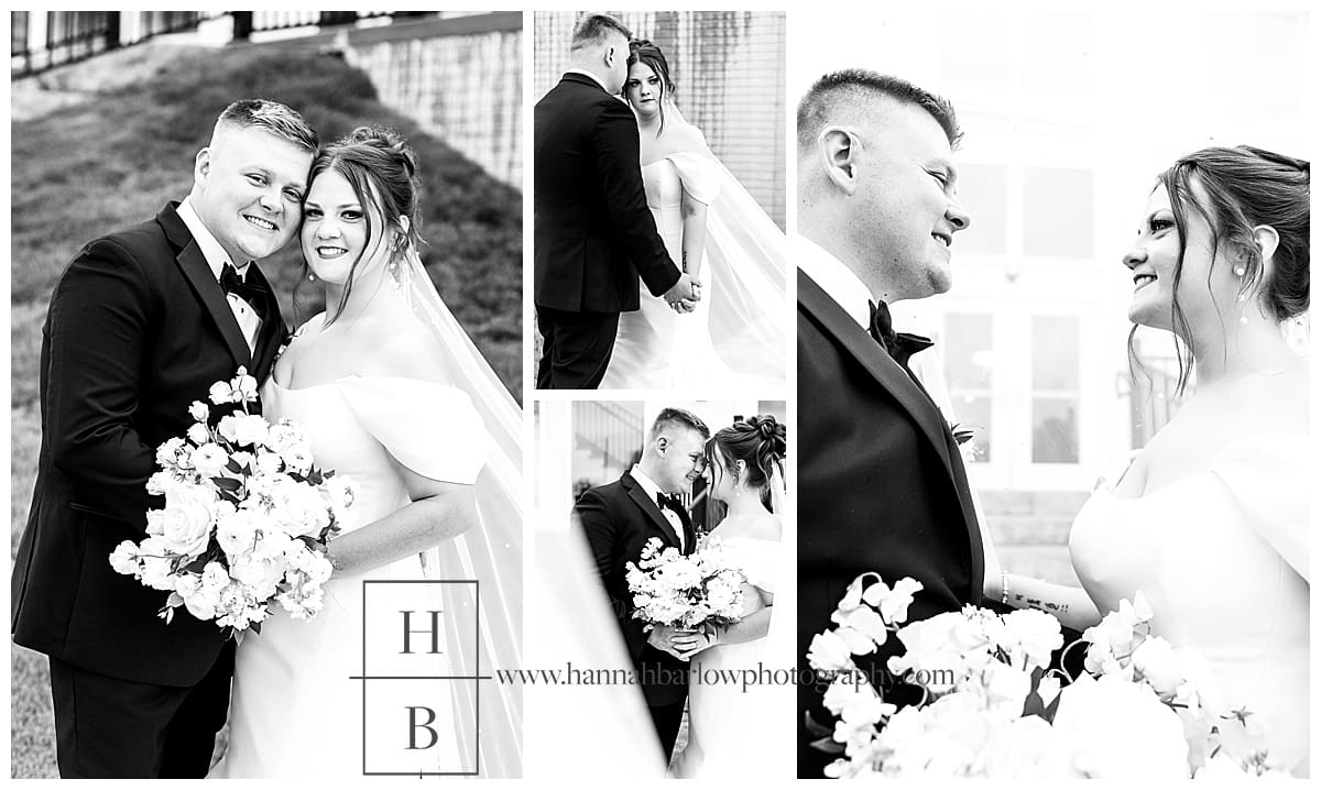 black and white wedding portraits up close under veil