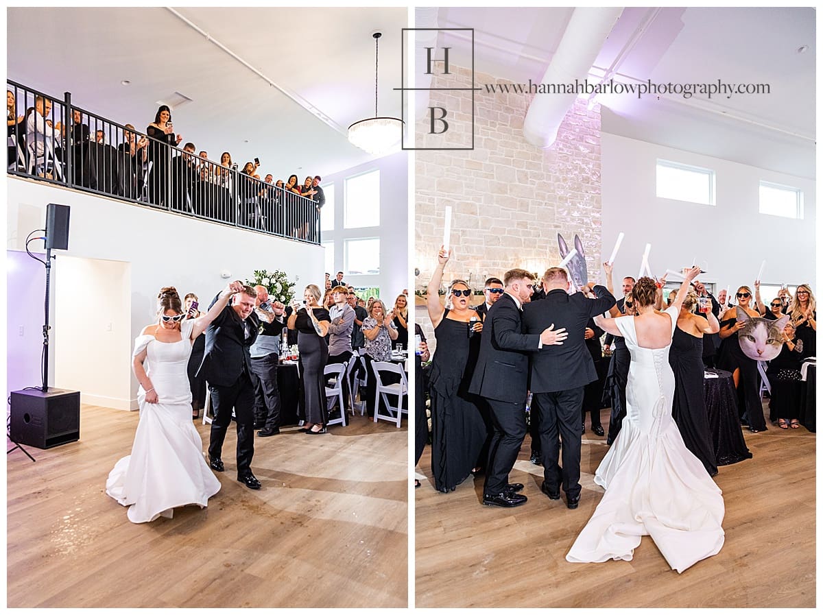 couple enters reception and celebrates