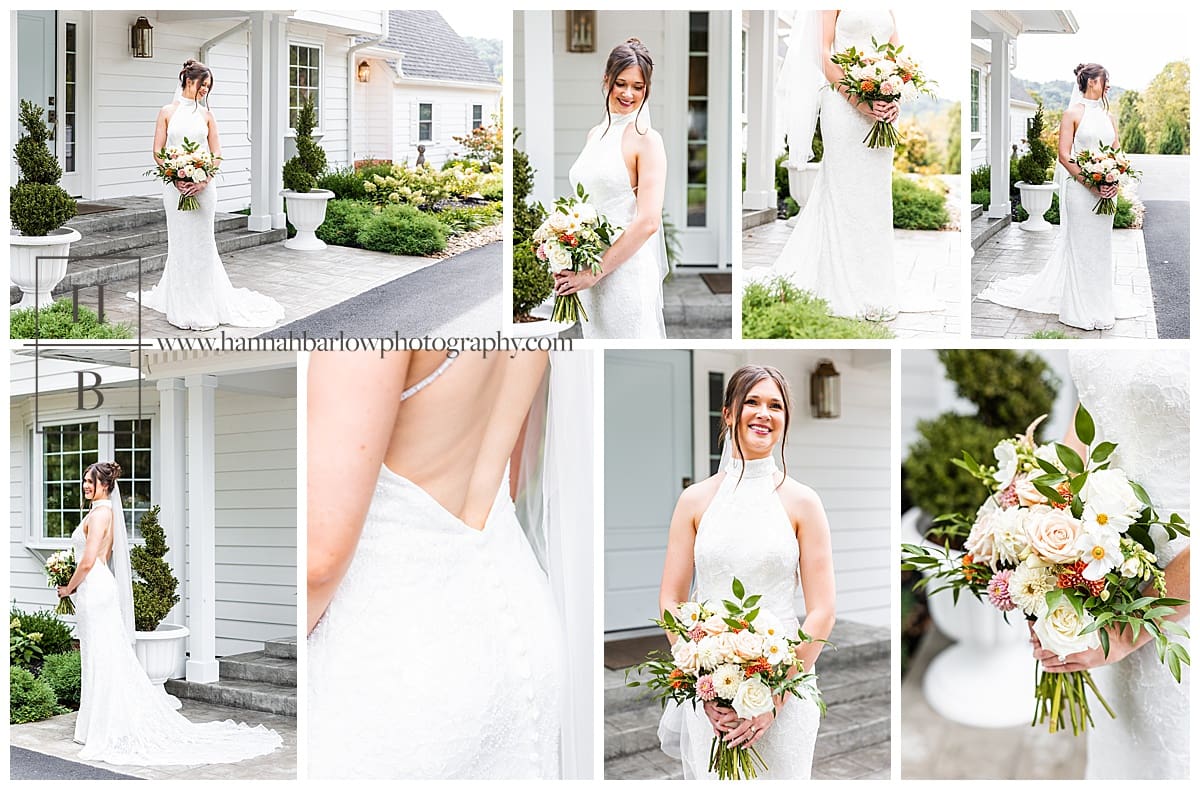 bride poses for portraits outside White House at Ellis House Fairmont WV