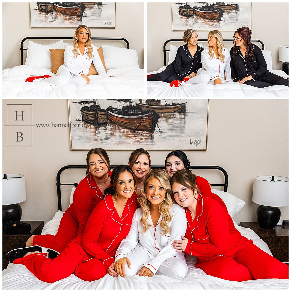 bride bridesmaids and moms pose on bed in red and white pajamas