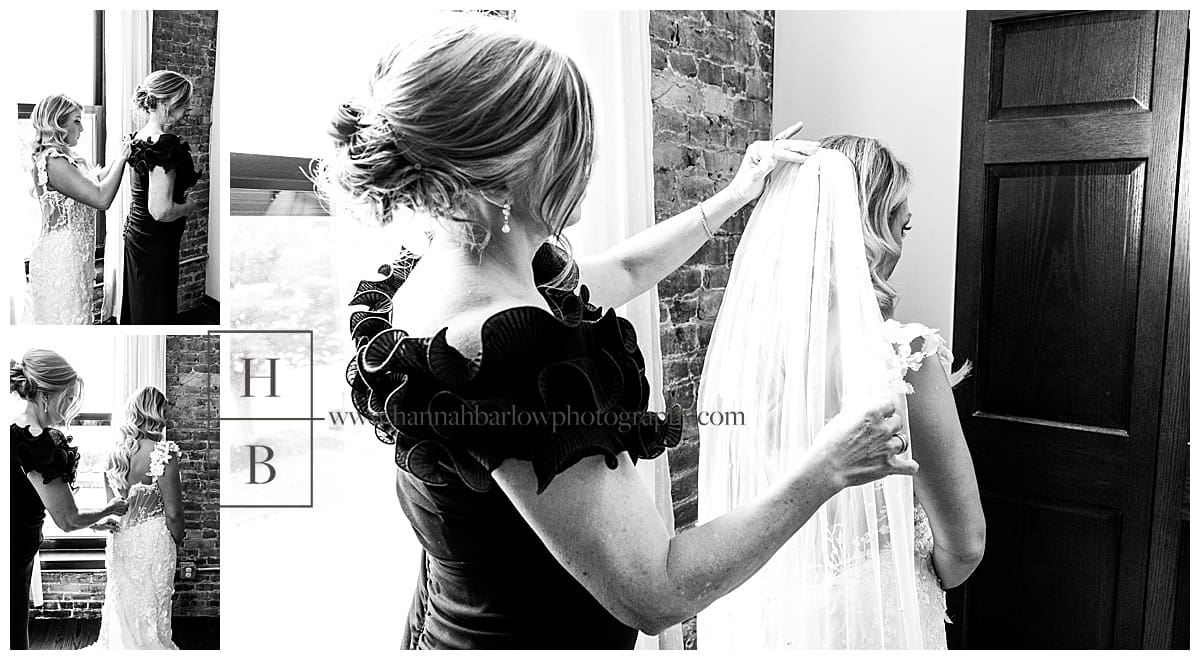 black and white photos of bride getting ready and mom adjusting veil