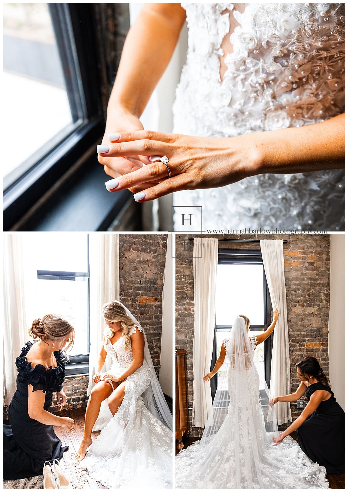 bride gets ready in brick wall room with mom and maid of honor