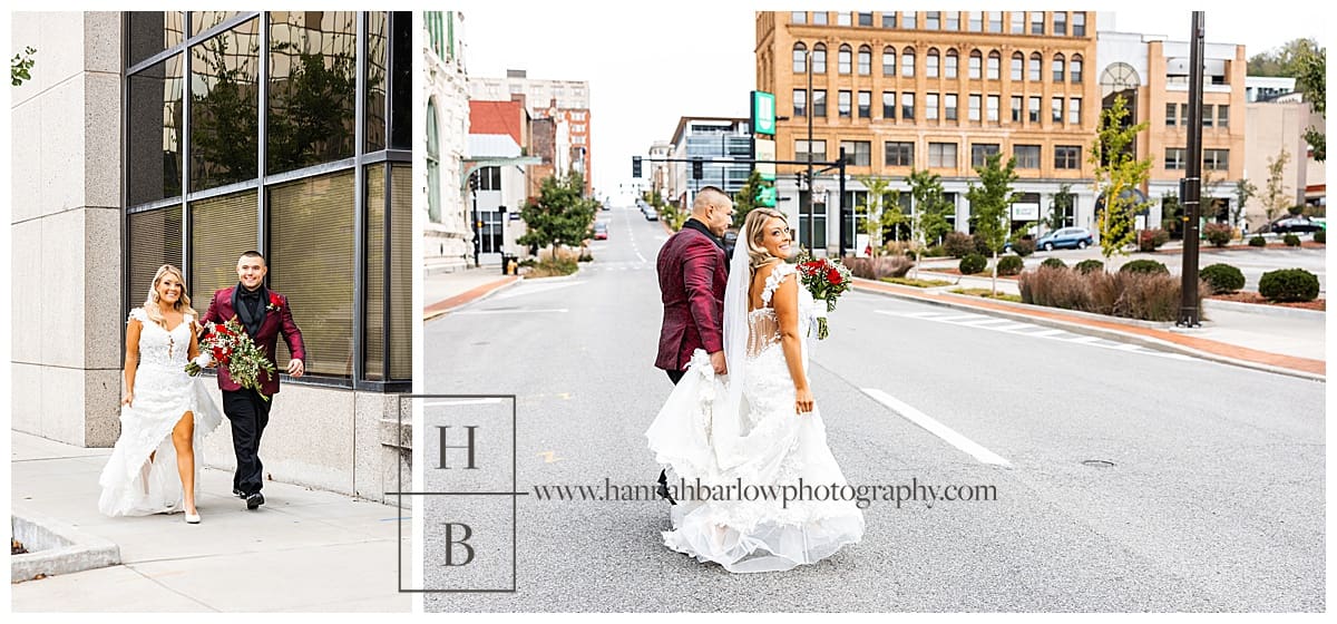 bride and groom walk across road
