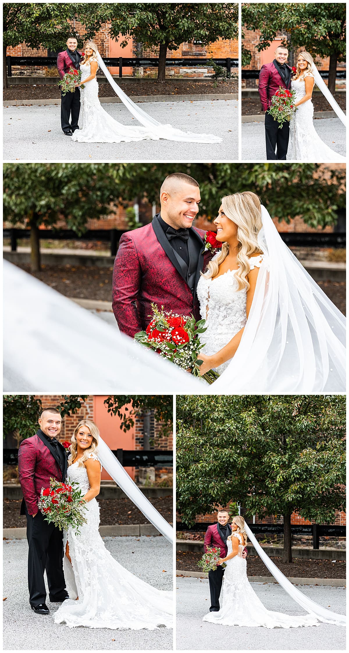 groom in red jacket poses with bride