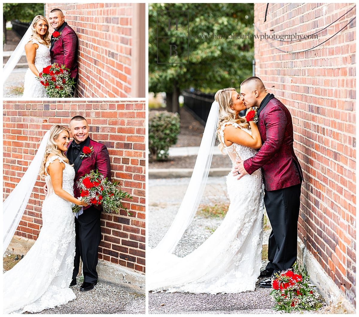 bride and groom pose for wedding photos by brick wall