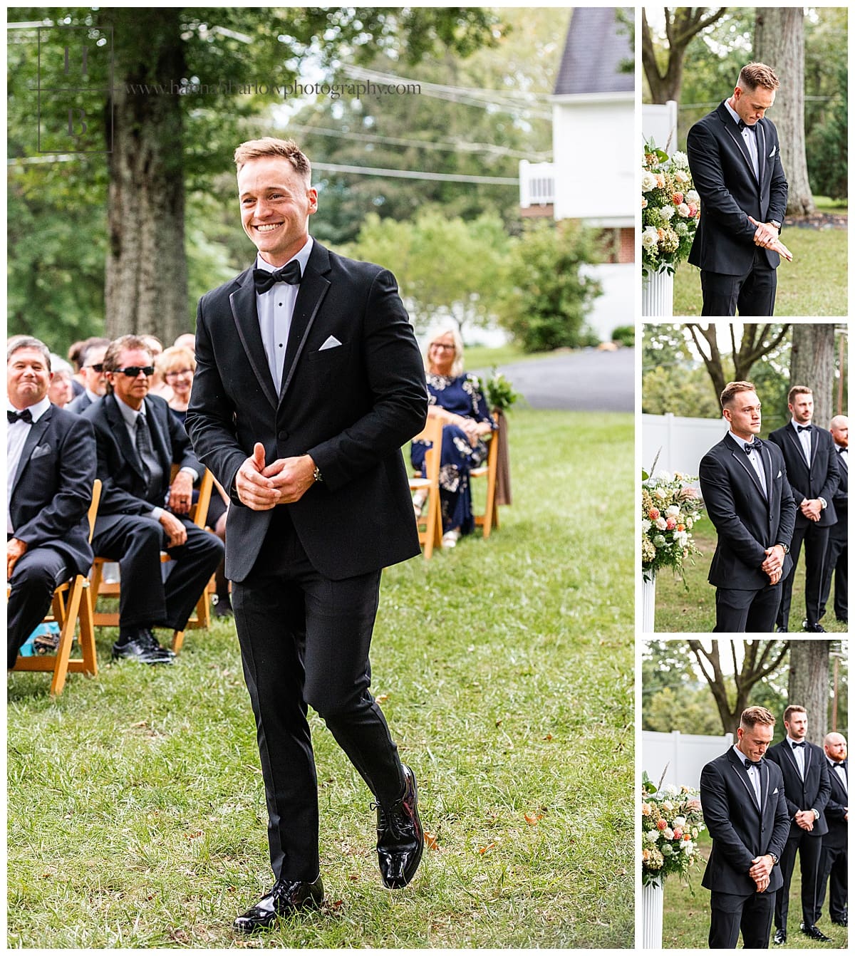 groom walks down the aisle smiling