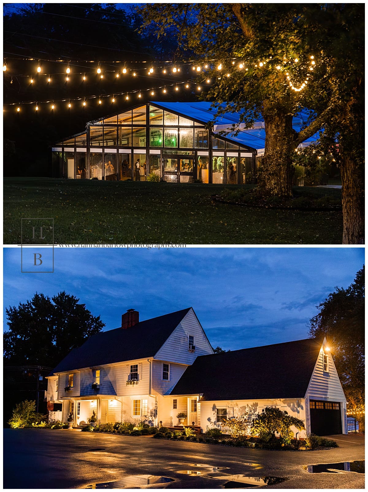 nighttime photos of Ellis House in fairmont wv with guests dancing inside