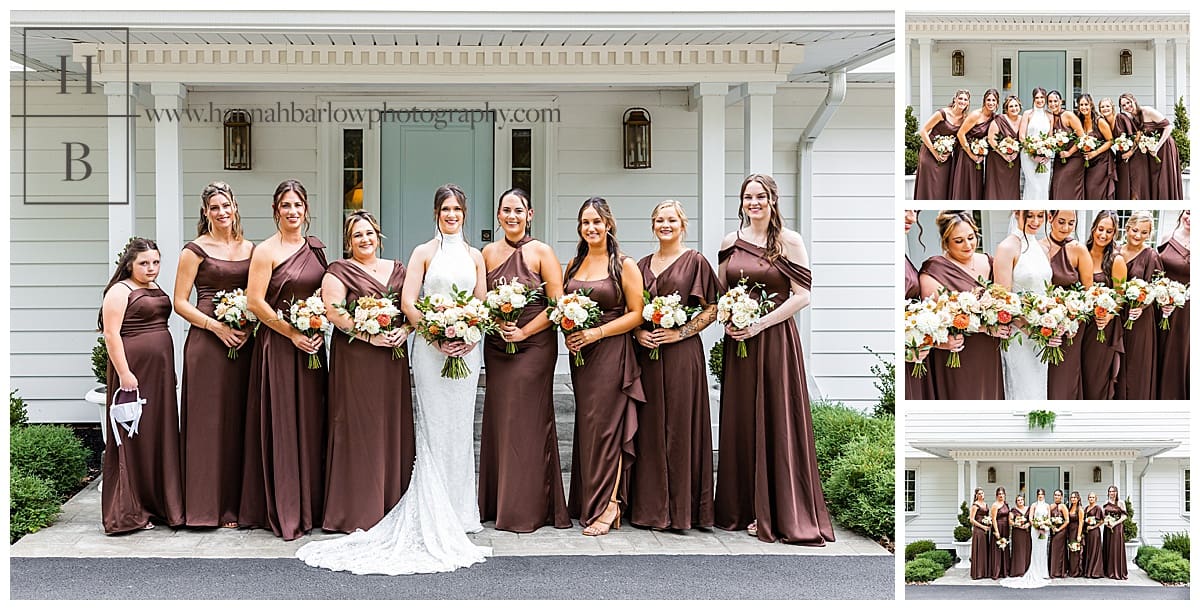 bridesmaids in brown dresses pose for wedding portrait