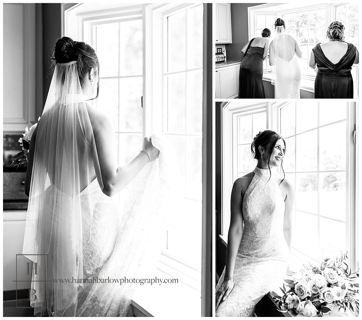 black and white photos of bride looking out window
