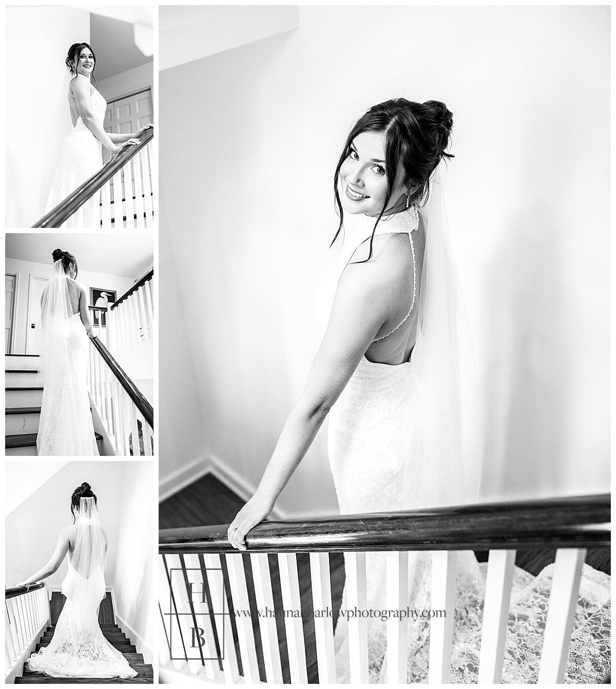 black and white photos of bride posing on stairs