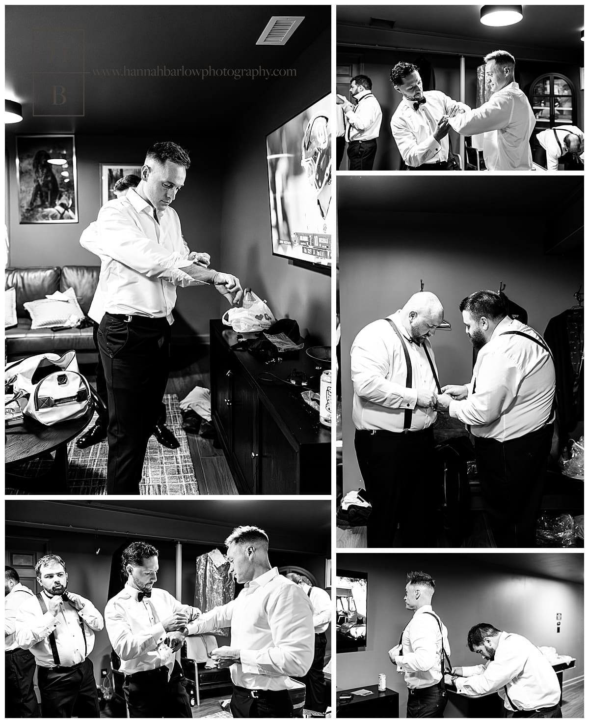black and white photos of groom and groomsmen getting ready in dark basement