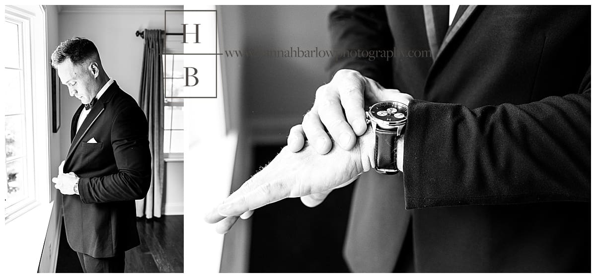 black and white photos of groom getting ready