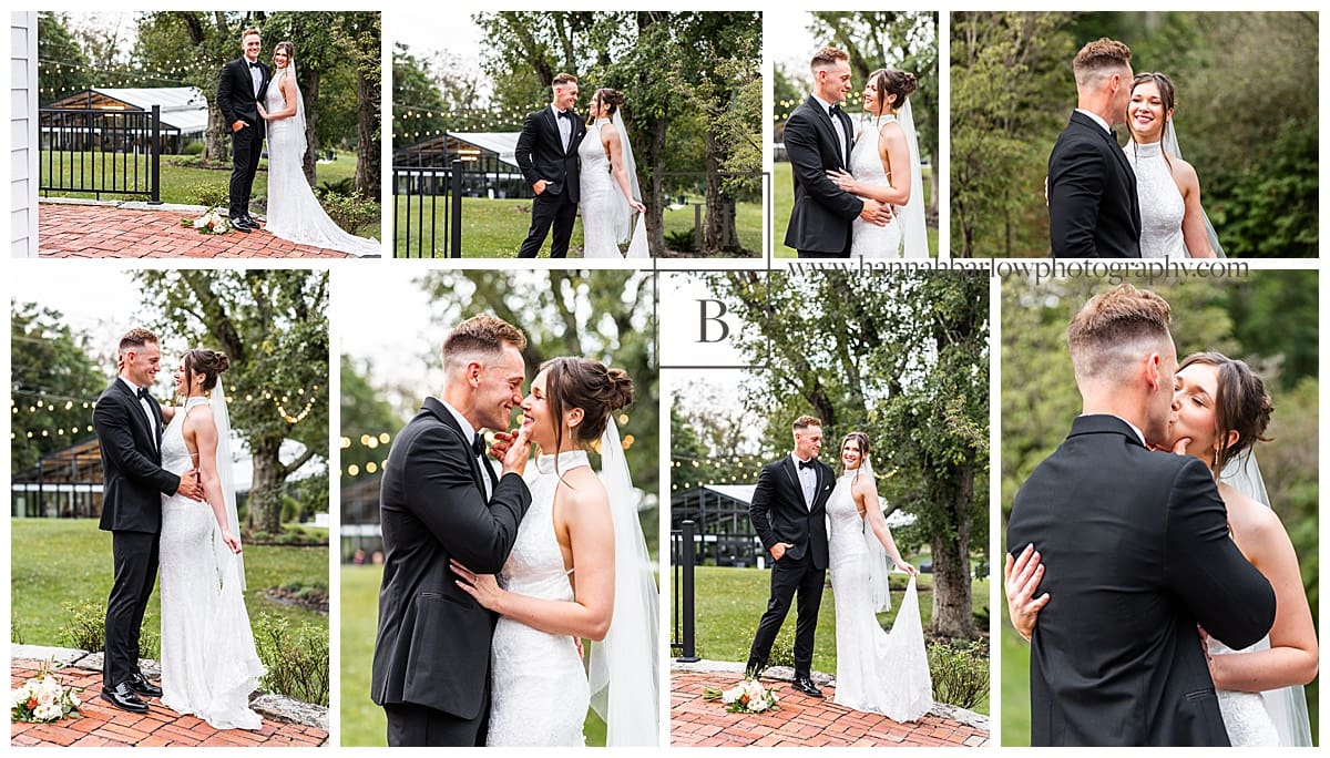 bride and groom kiss for wedding portraits