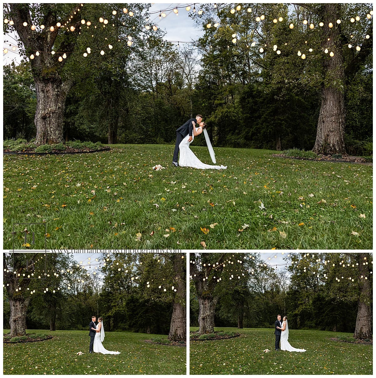 groom dances with bride between trees strung with twinkle lights
