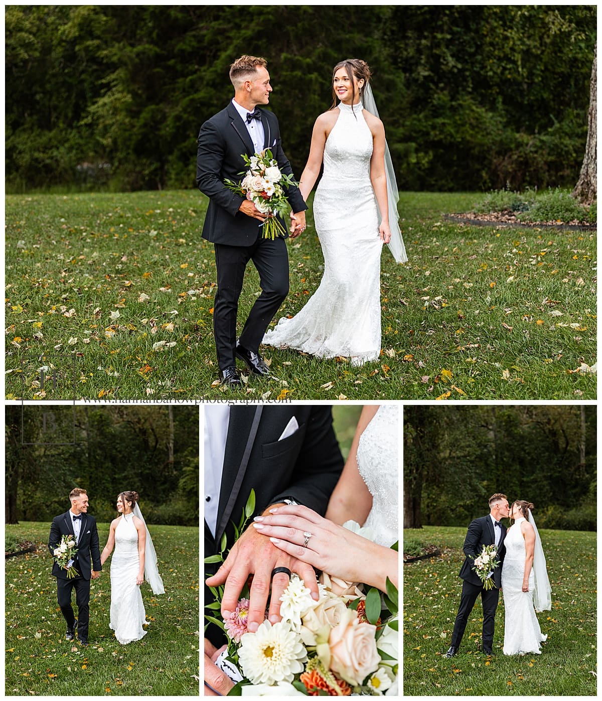 bride and groom walk hand in hand
