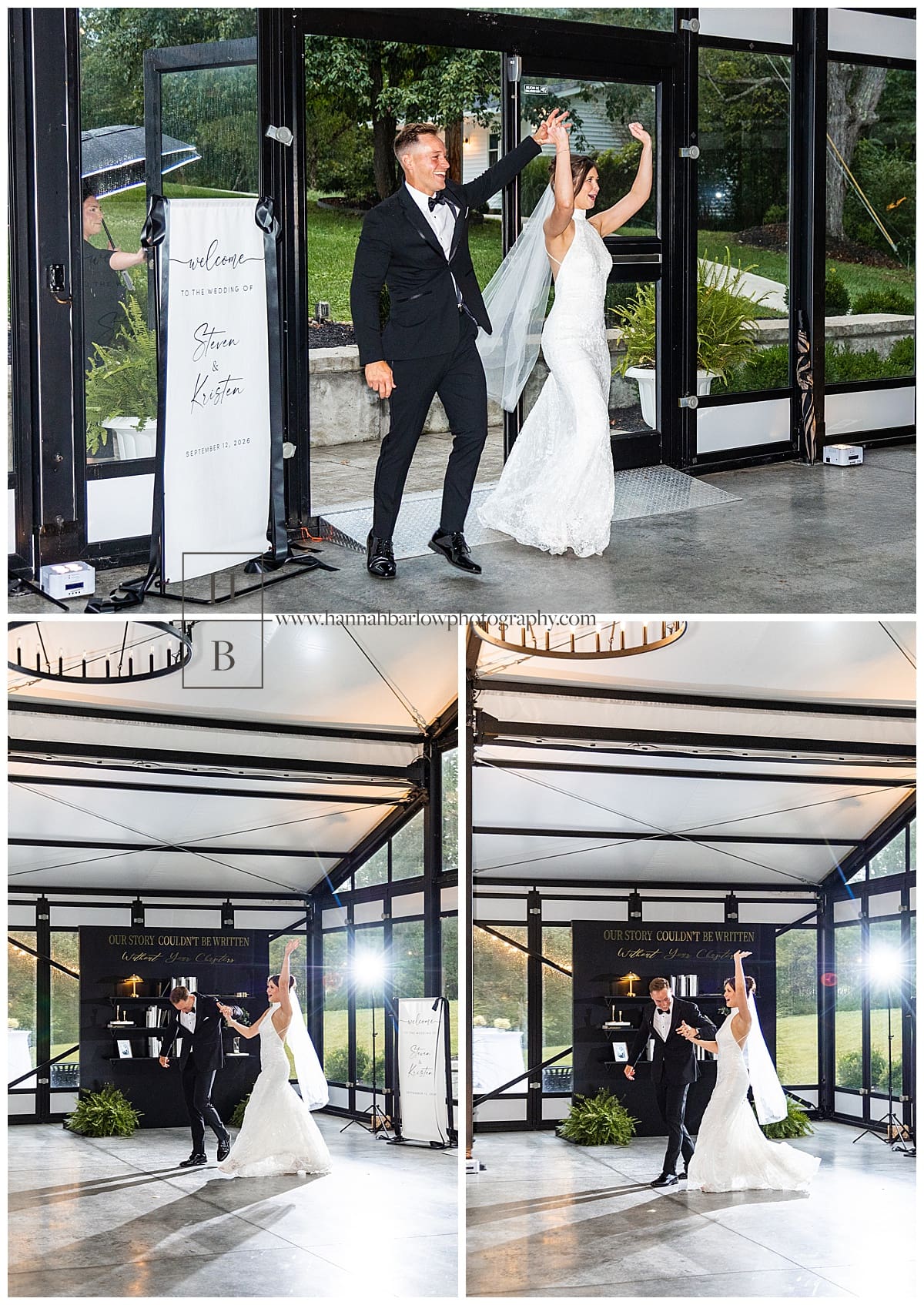bride and groom walk through doors celebrating
