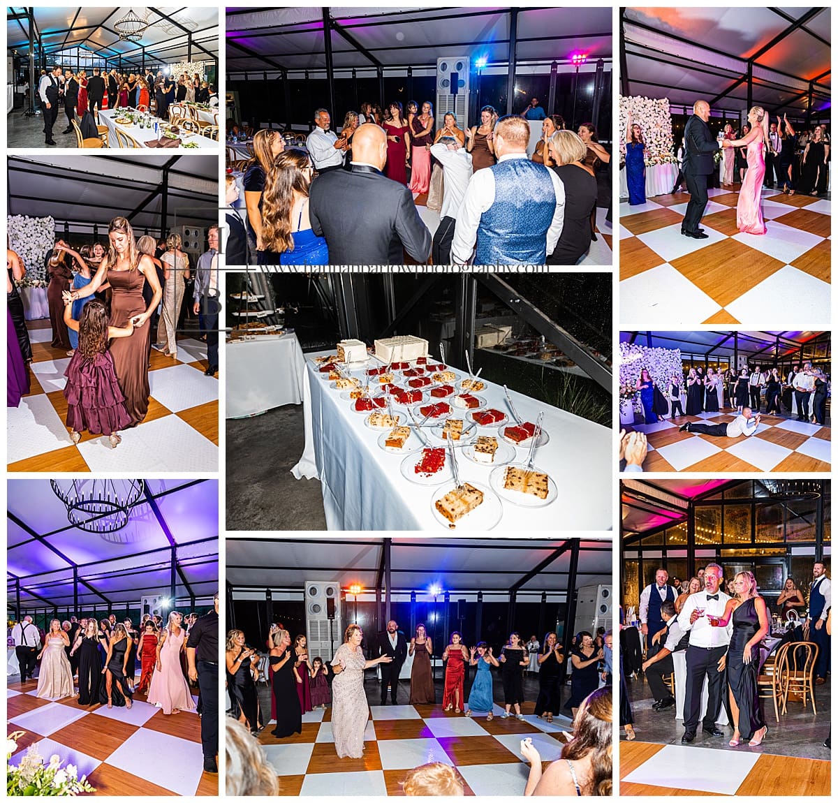 guests dance on dance floor with colorful uplighting at Ellis House in fairmont wv