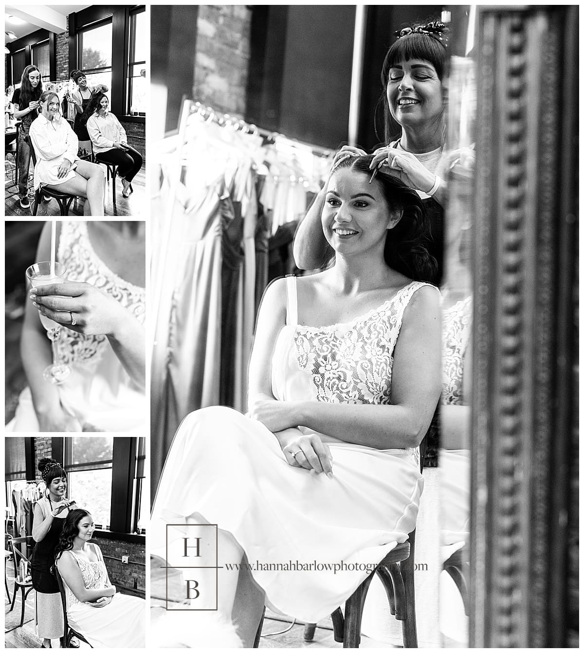 black and white photos of bride getting hair done