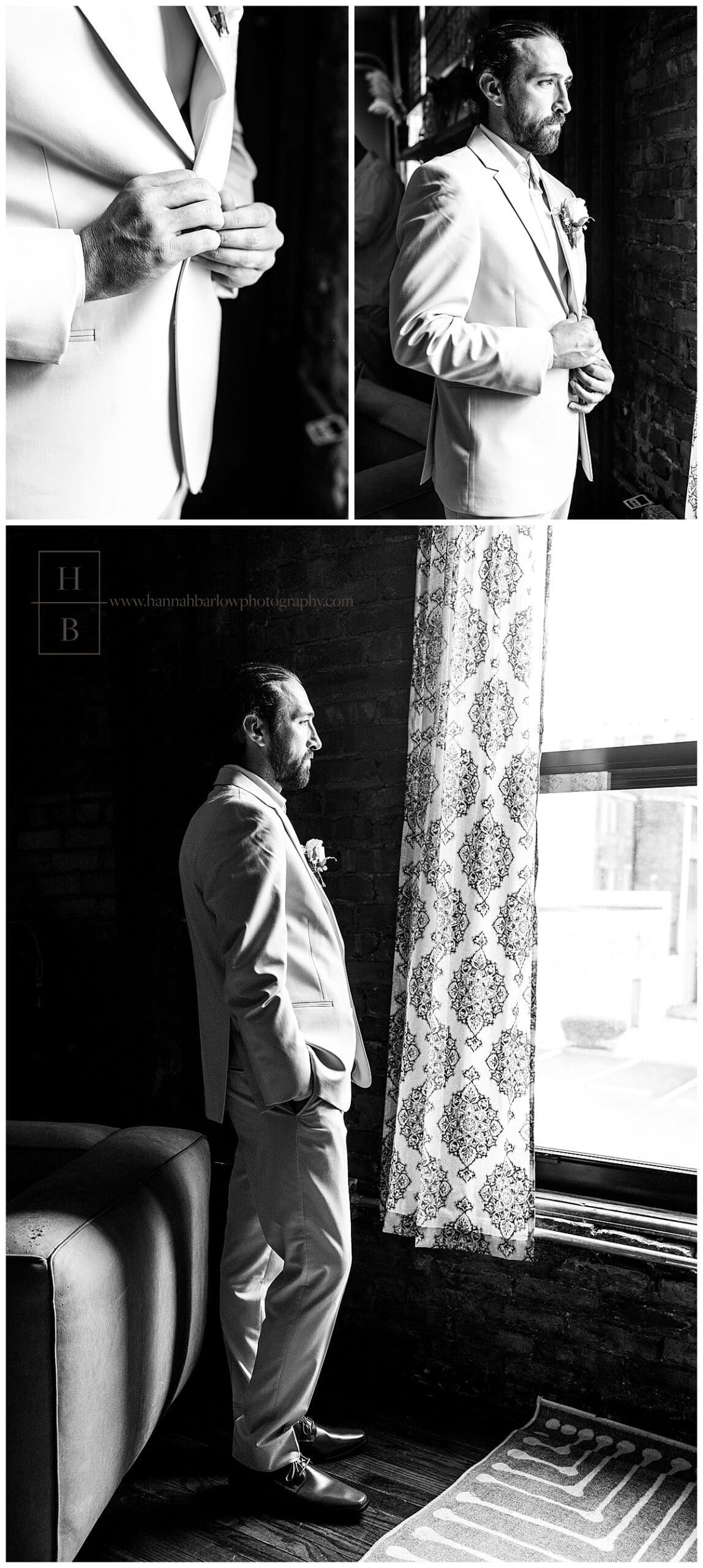 black and white photos of groom standing my window before wedding