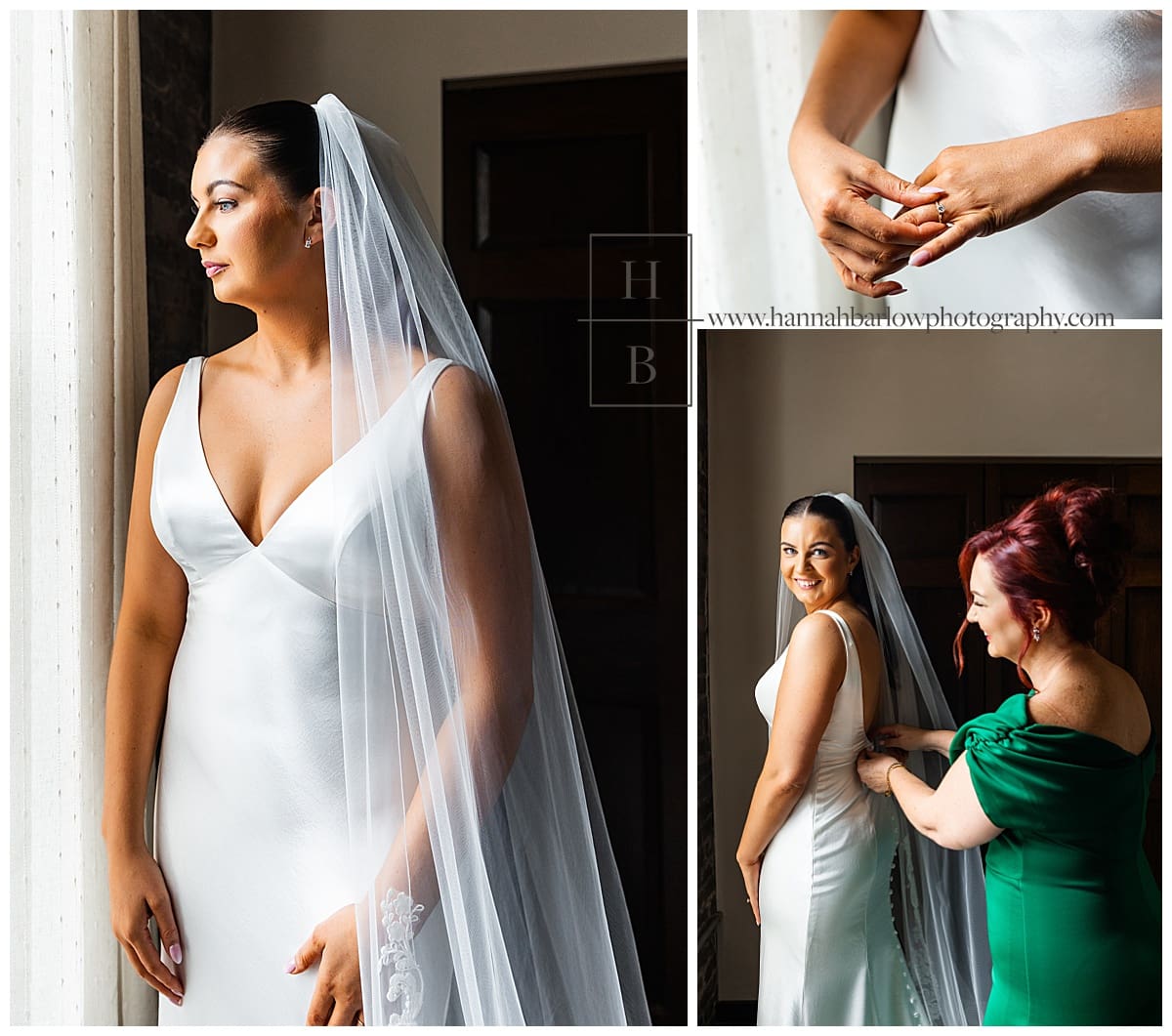 mother of bride in green dress helps bride get ready