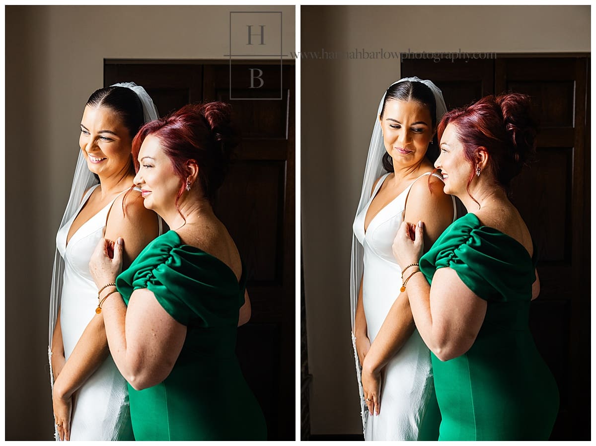 mother of bride in green dress embraces bride
