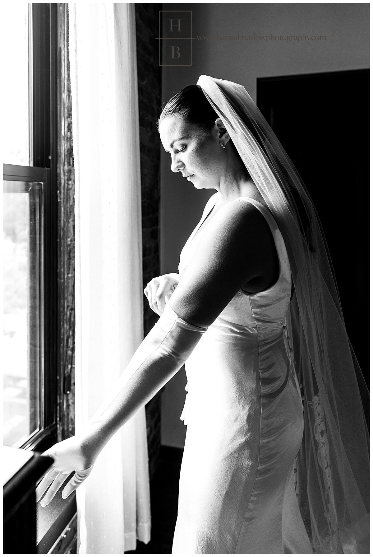 black and white photos of bride putting on gloves