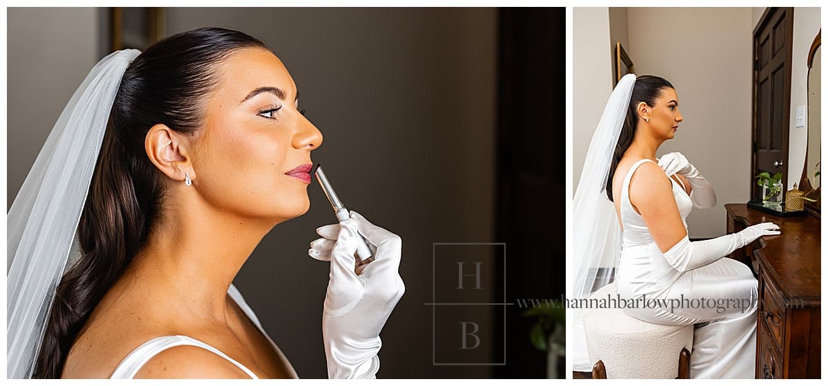bride puts on lipstick