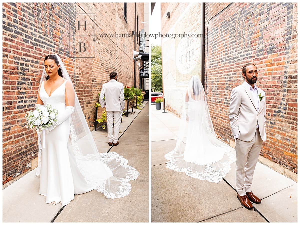 bride and groom prepare for first look standing back to back