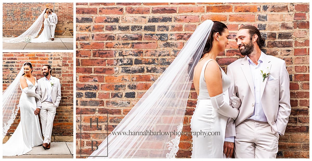 bride and groom pose for wedding photos