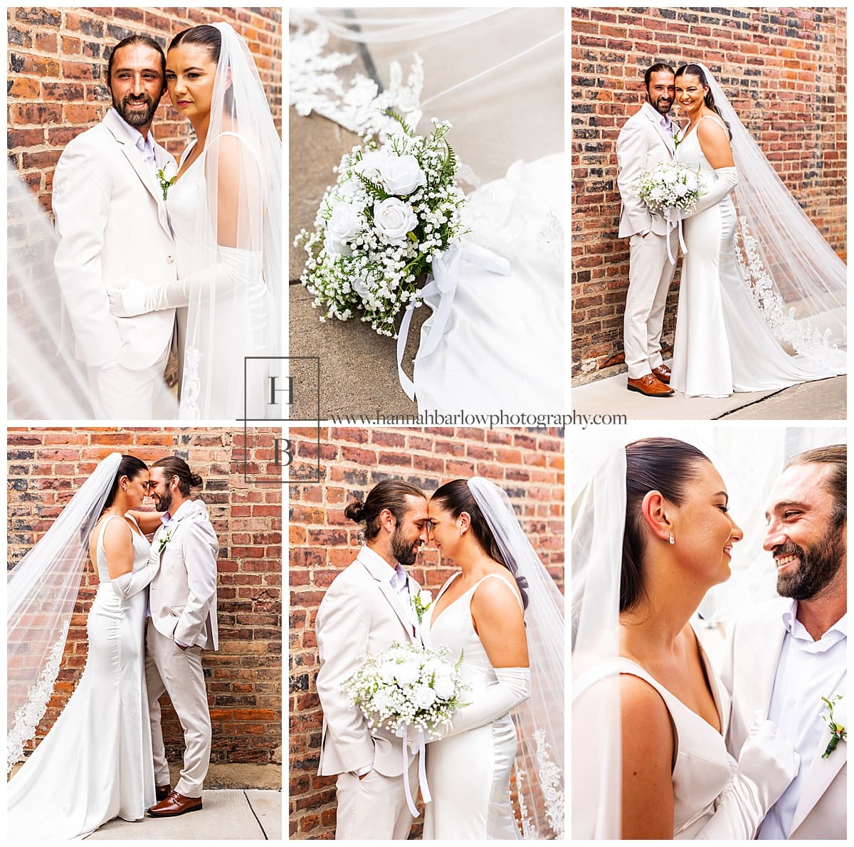 bride and groom pose in front of bride wall