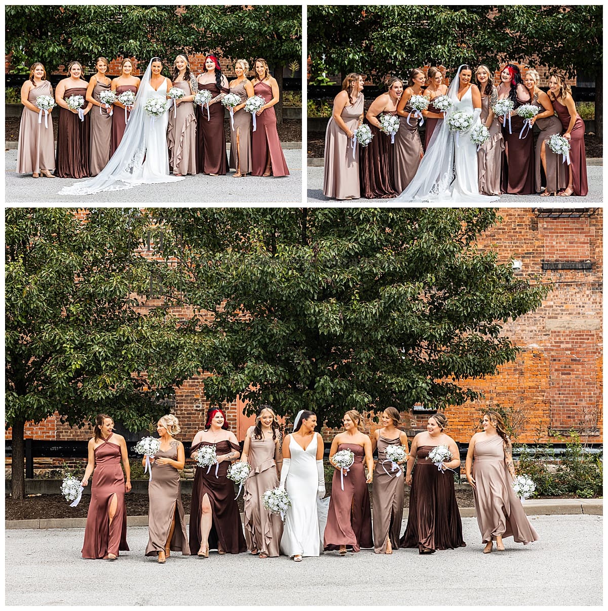bride poses with bridesmaids in different shares of brown