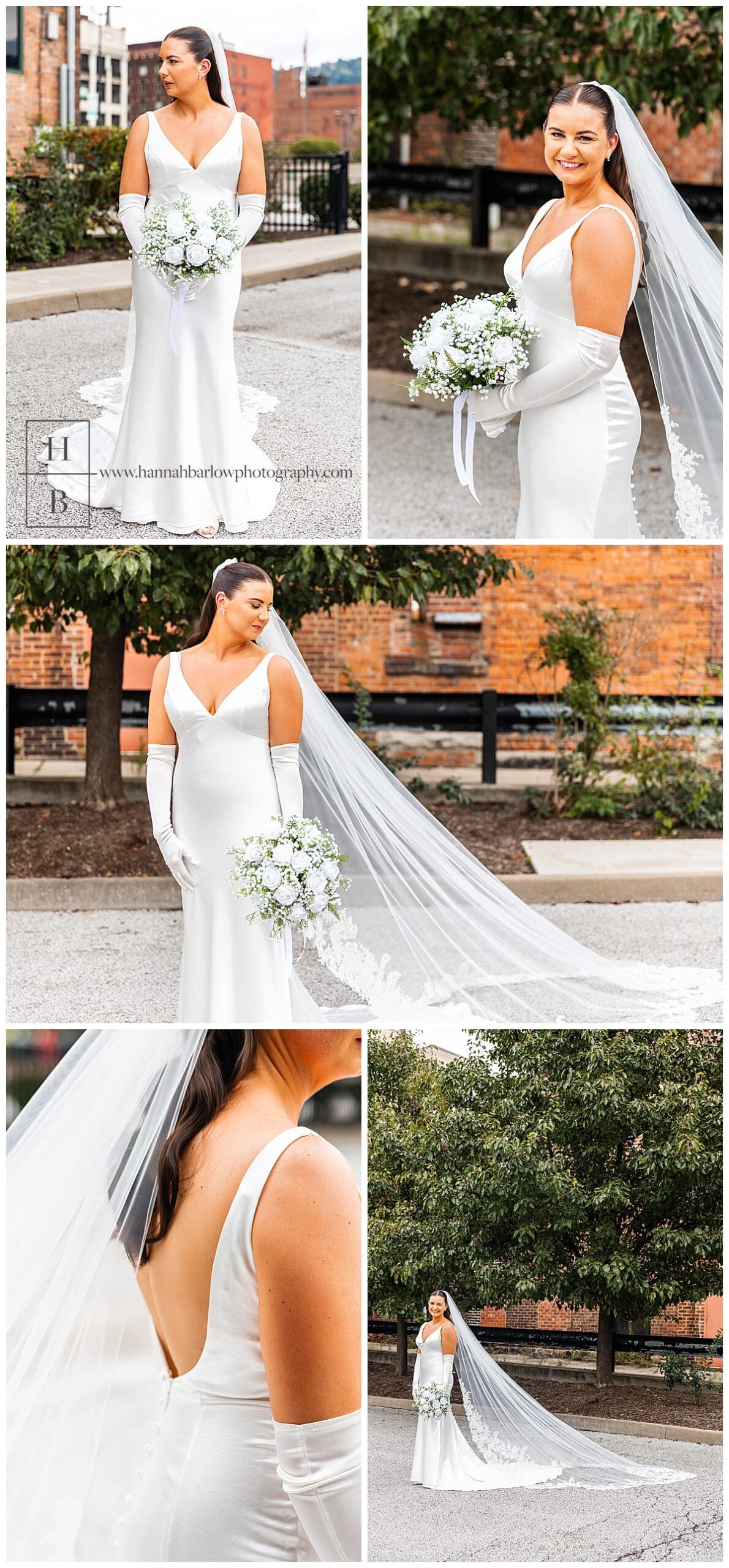 Bride poses for wedding photos in front of brick wall