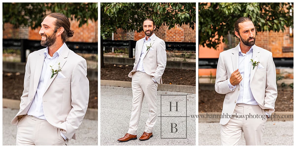 groom poses in tan tux for wedding photos