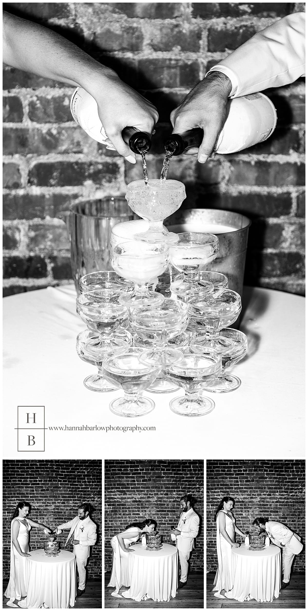 black and white photos of champagne tower