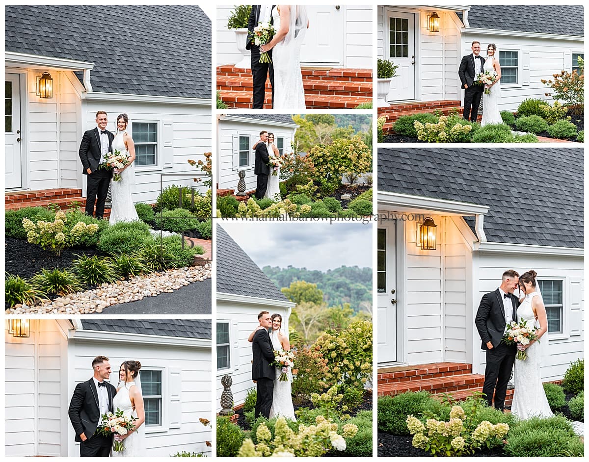 couple poses for portraits outside White House at Ellis House in fairmont wv