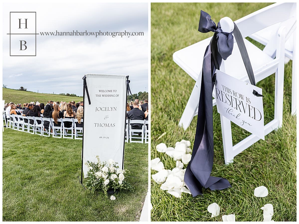 ceremony details with black ribbons on sign