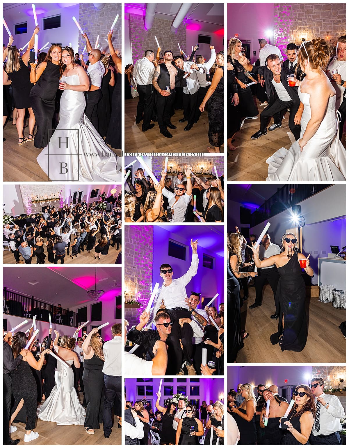 wedding reception party dancing with strong purple uplighting in background