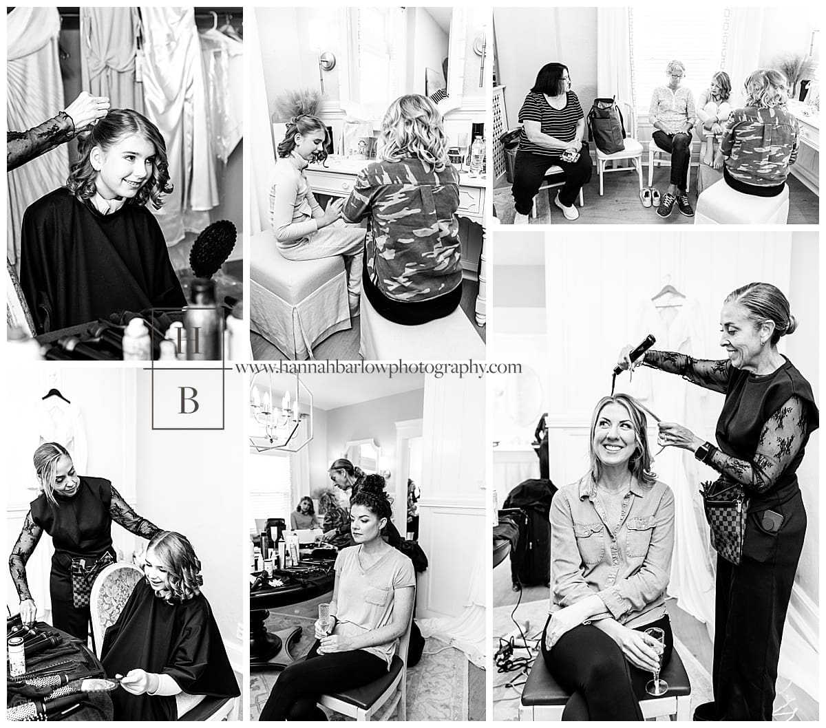 black and white photos of bride getting ready at Belmont hills country club wedding