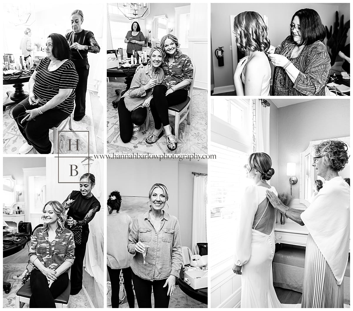 black and white getting ready photos of wedding day hair and makeup