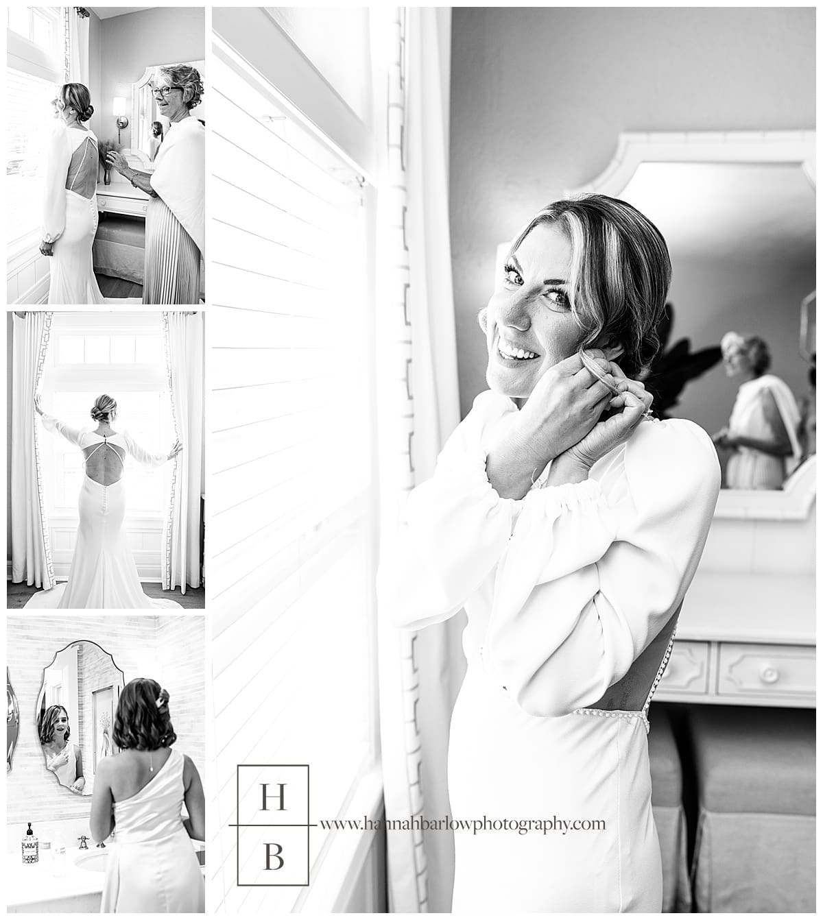black and white photos of bride getting ready in bridal suite of Belmont hills country club wedding
