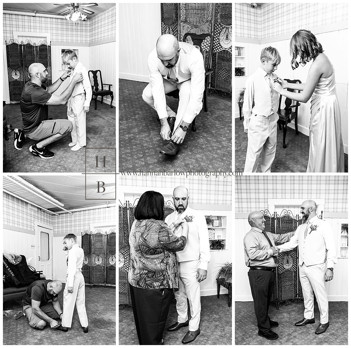 black and white photos of groom getting ready